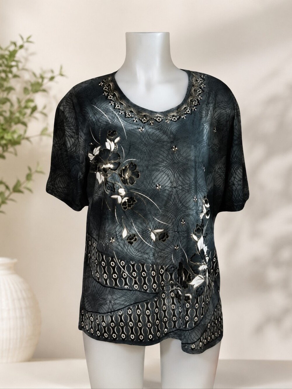 Size XXL Model France Floral Print Daily Tunic Top round Neck Short Sleeve